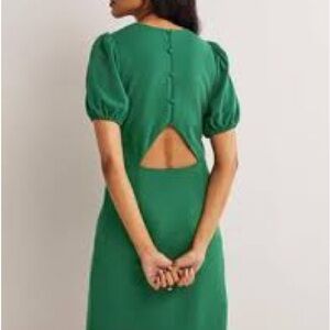 Boden Green Jersey Dress with Puff Sleeves and Back Cutout